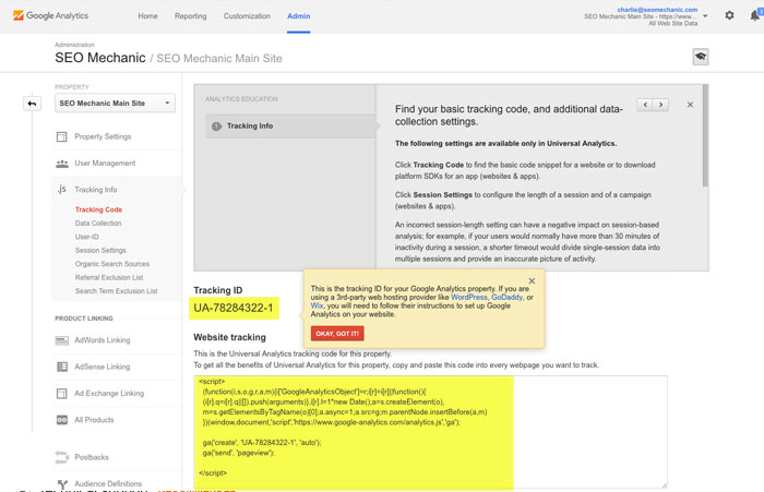 Claiming your Google Analytics Tracking Code